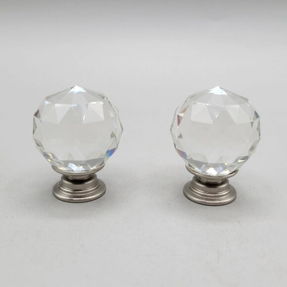 Faceted Crystal Glass Round Drawer Knobs Brushed Silver Base Set of 2 - Picture 3 of 6